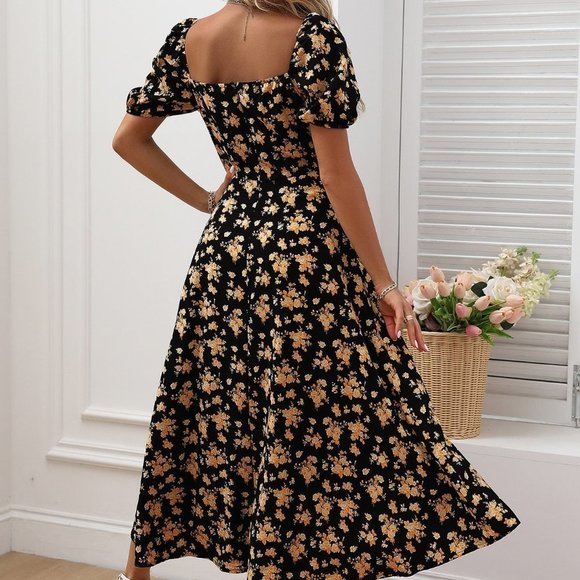 Boho Allover Floral Knot Split Thigh A-line Dress - Picture 3 of 5